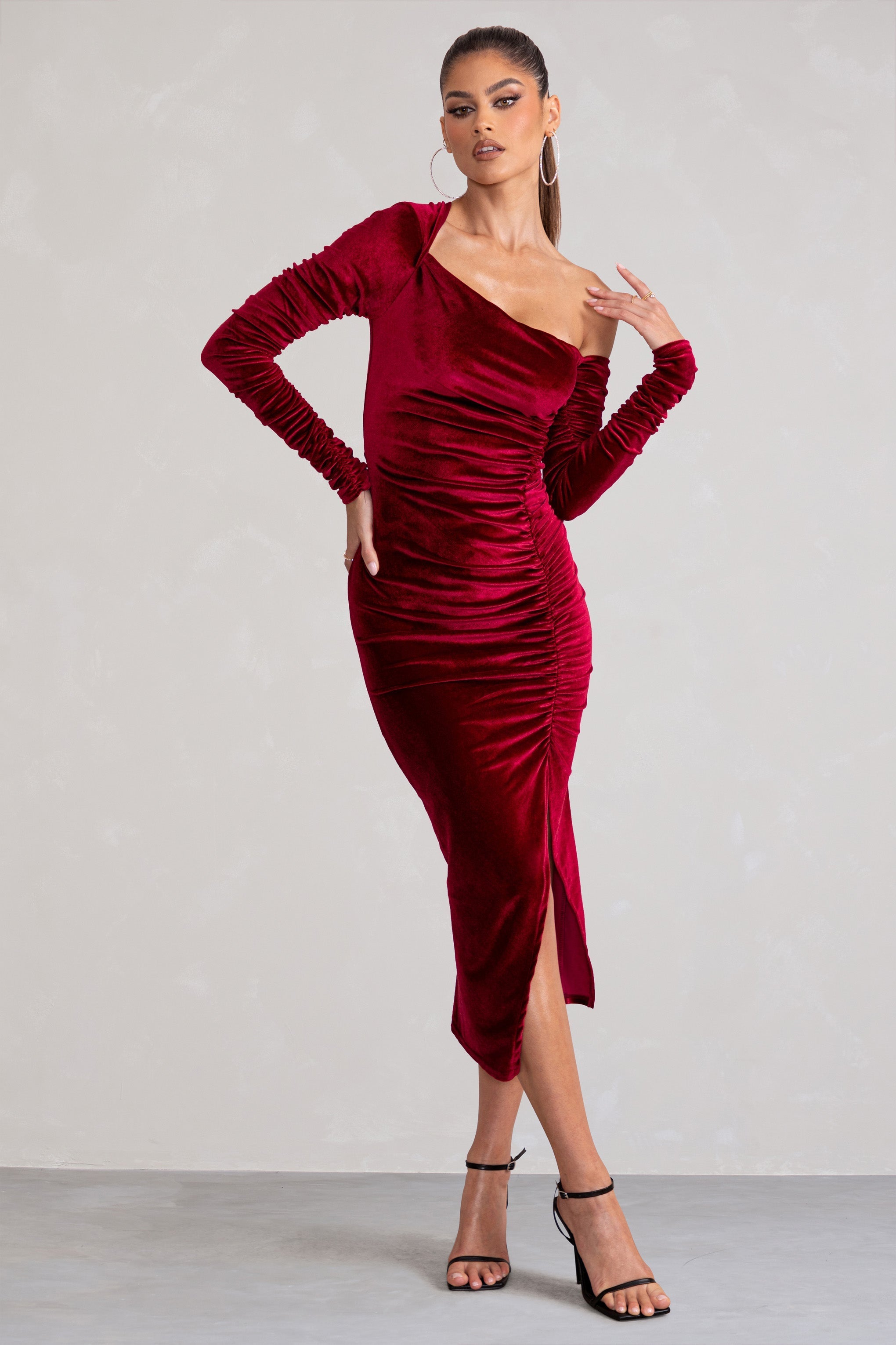 Agustina Berry Velvet Asymmetric Neckline Midi Dress With Long Sleeves