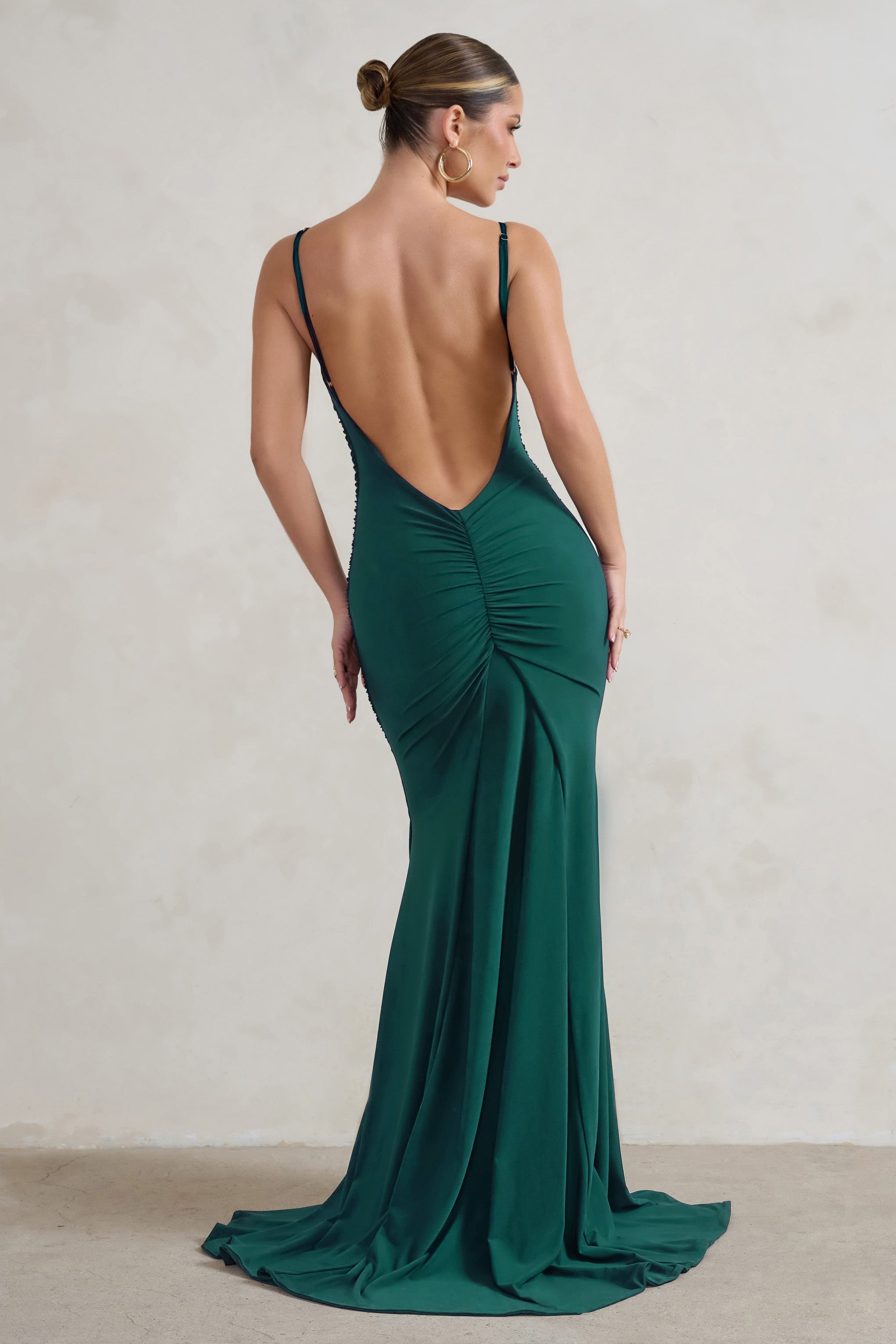 Adele Bottle Green Backless Ruched Fishtail Cami Maxi Dress