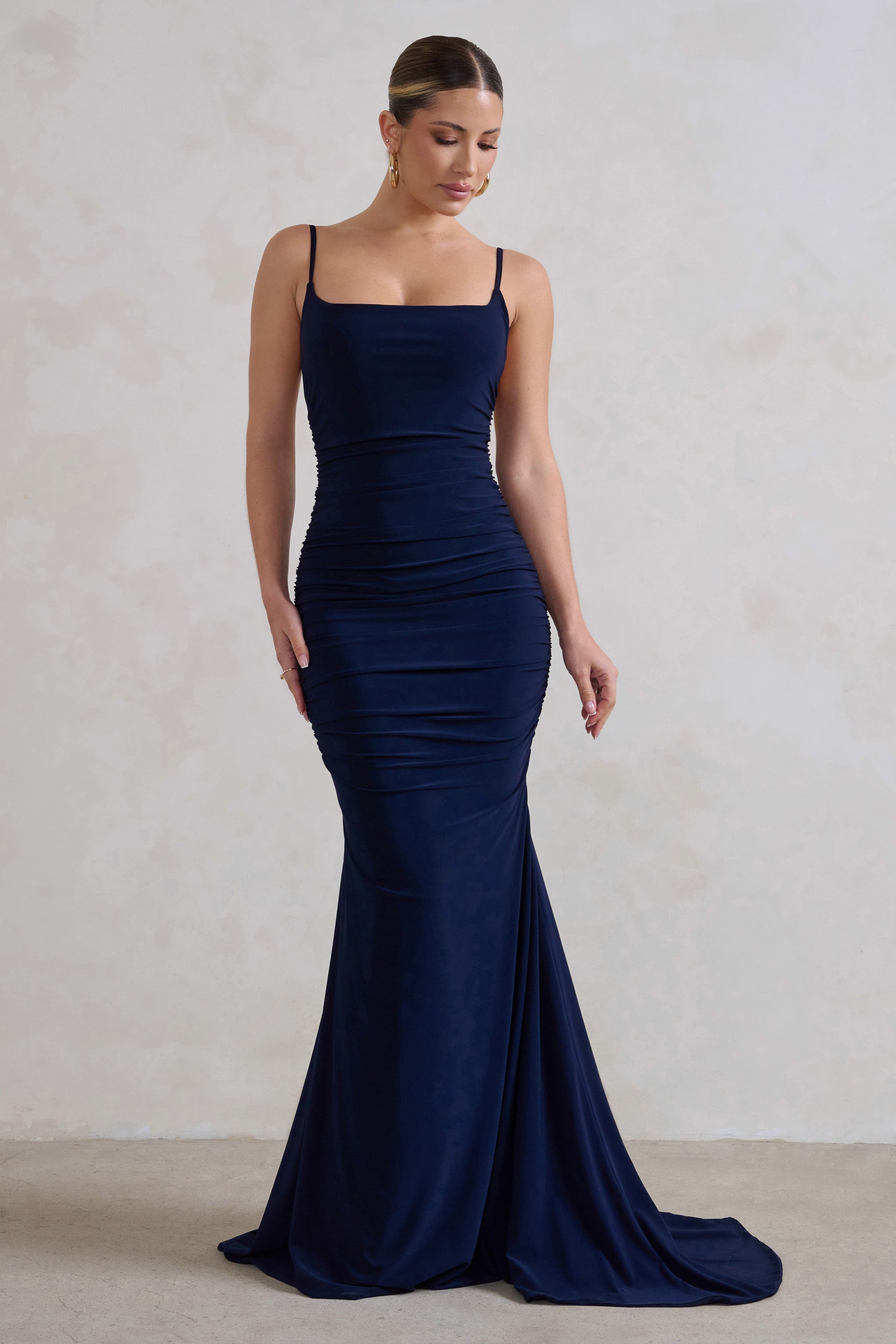Adele Navy Backless Ruched Fishtail Cami Maxi Dress