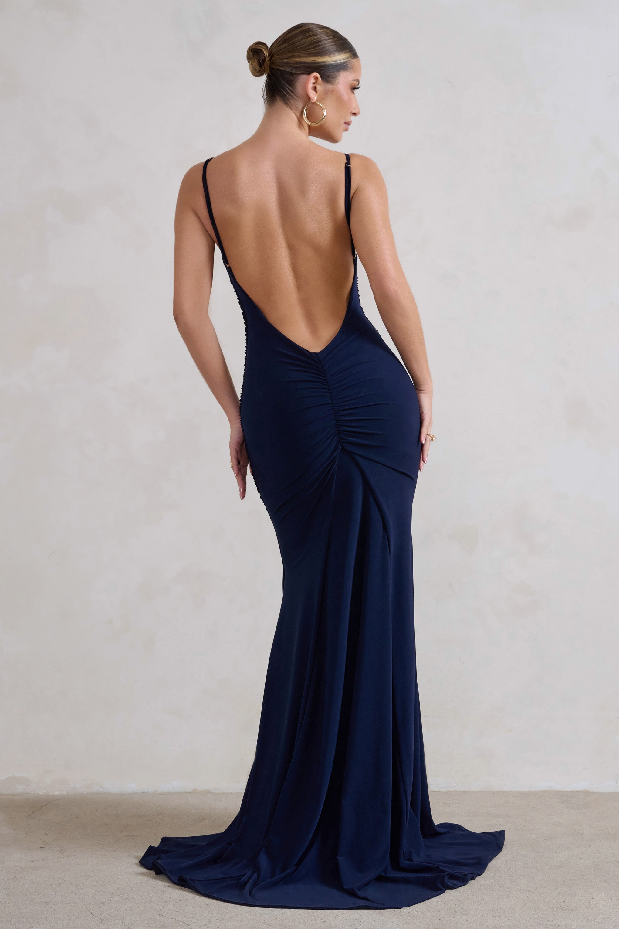 Adele Navy Backless Ruched Fishtail Cami Maxi Dress