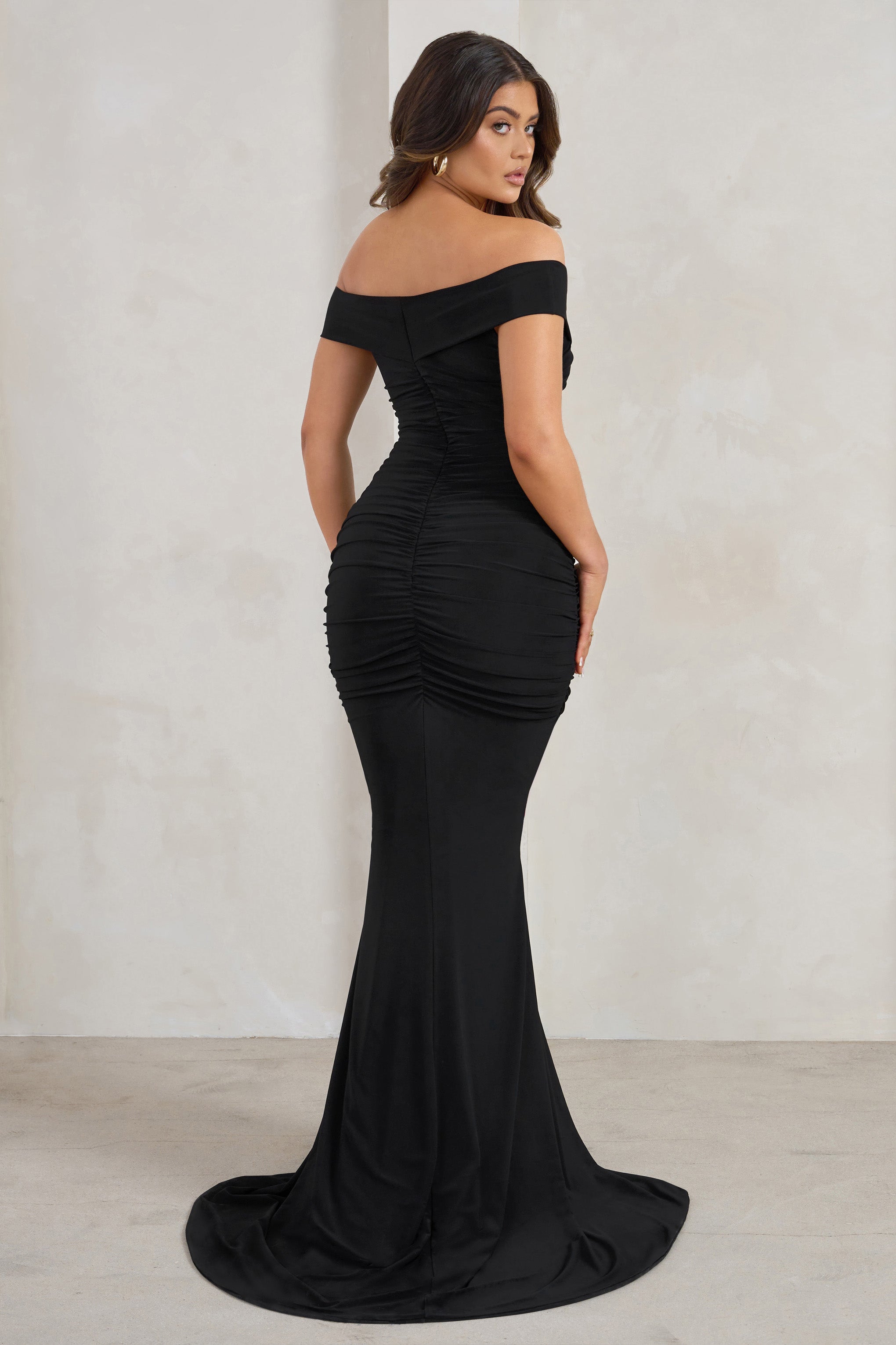 Apolline Black Off The Shoulder Ruched Fishtail Maxi Dress