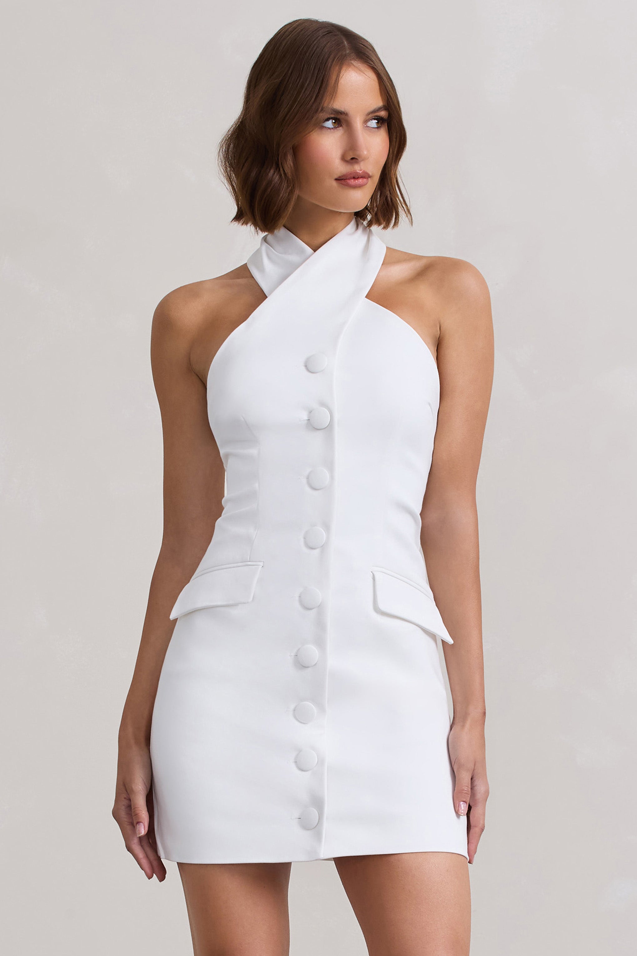Dani White Halter Neck Tailored Buttoned Bodycon Mini Dress