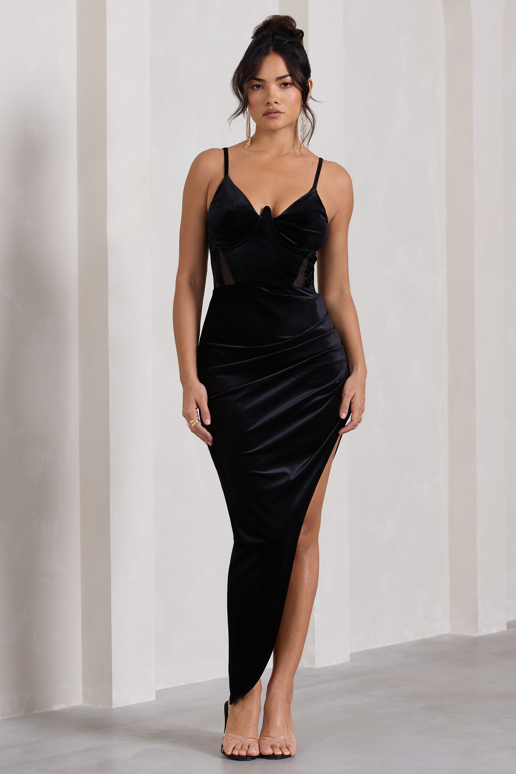 Courchevel Black Velvet Strappy Corset Asymmetric Maxi Dress