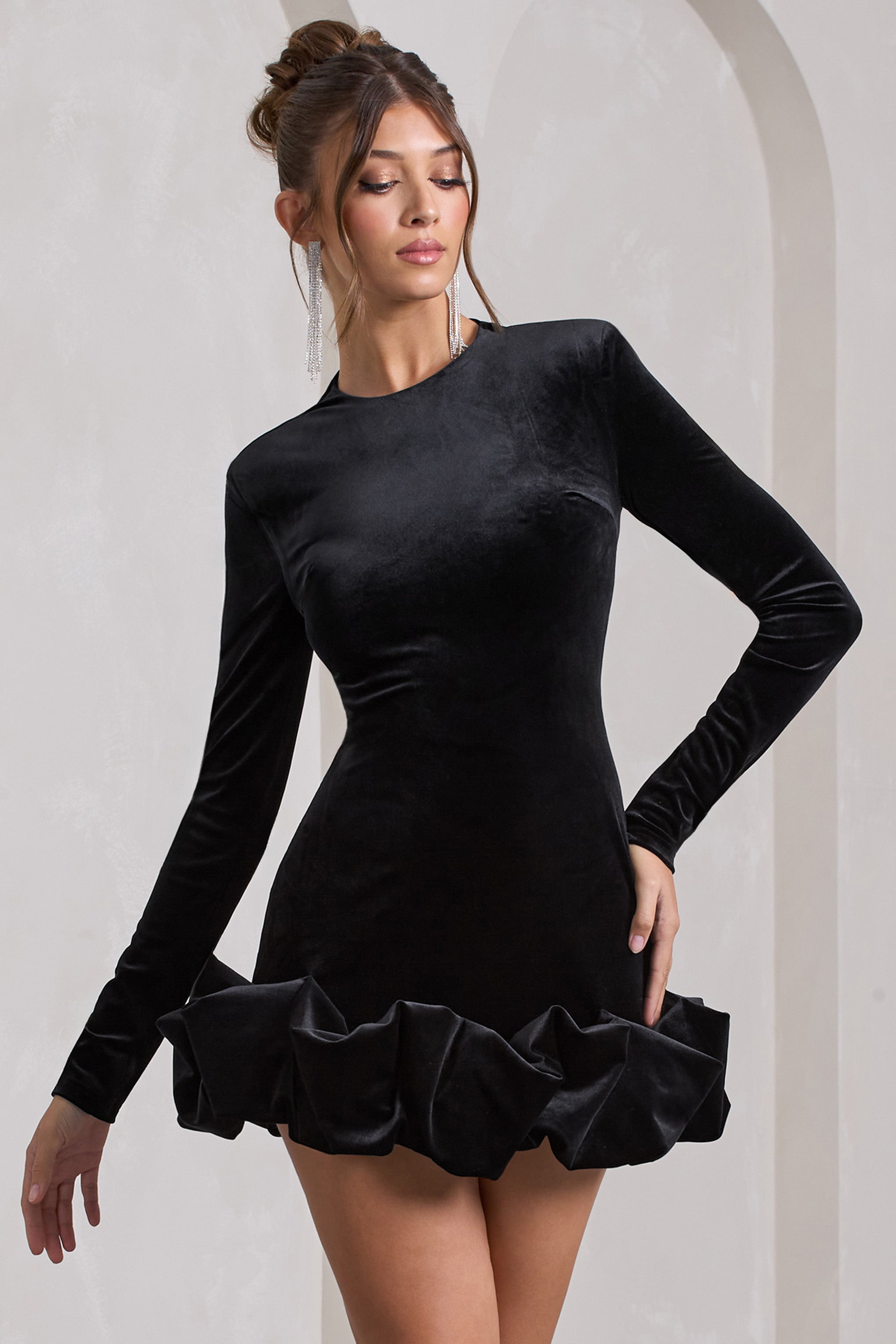 Claudine Black Velvet Long-Sleeved Ruffled Mini Dress