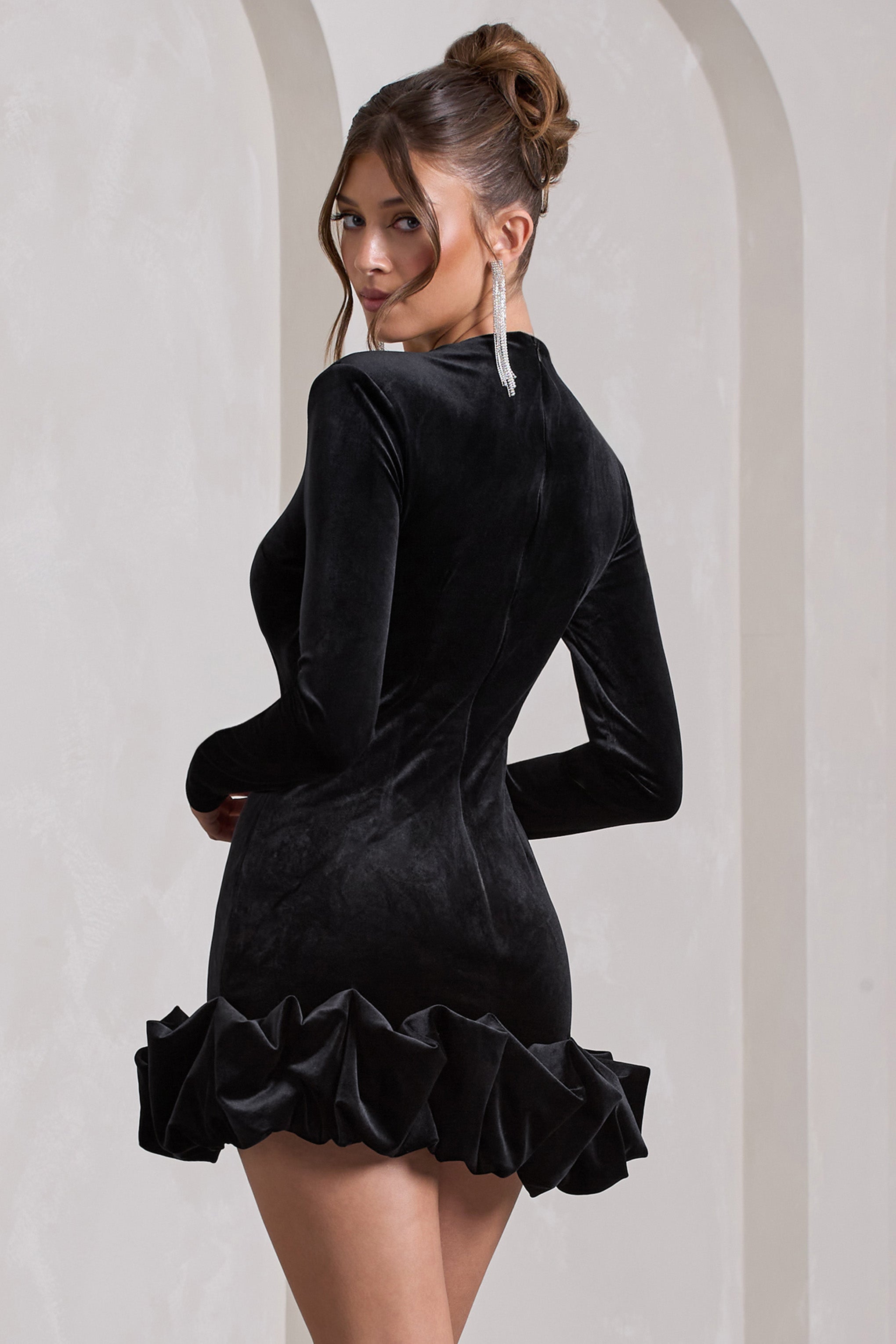 Claudine Black Velvet Long-Sleeved Ruffled Mini Dress