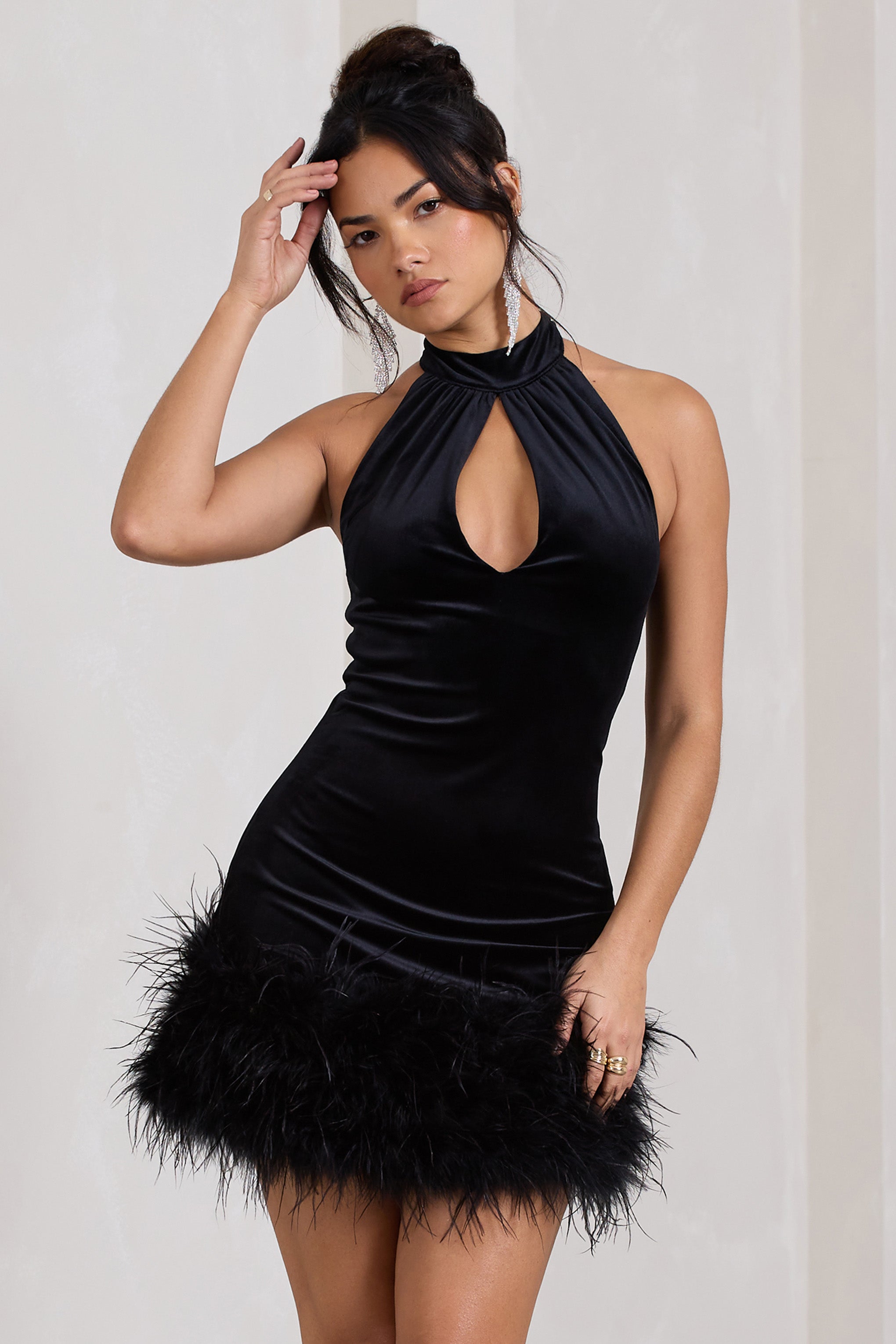 Tillie Black Velvet High Neck Trapeze Mini Dress With Feather Hem Detail