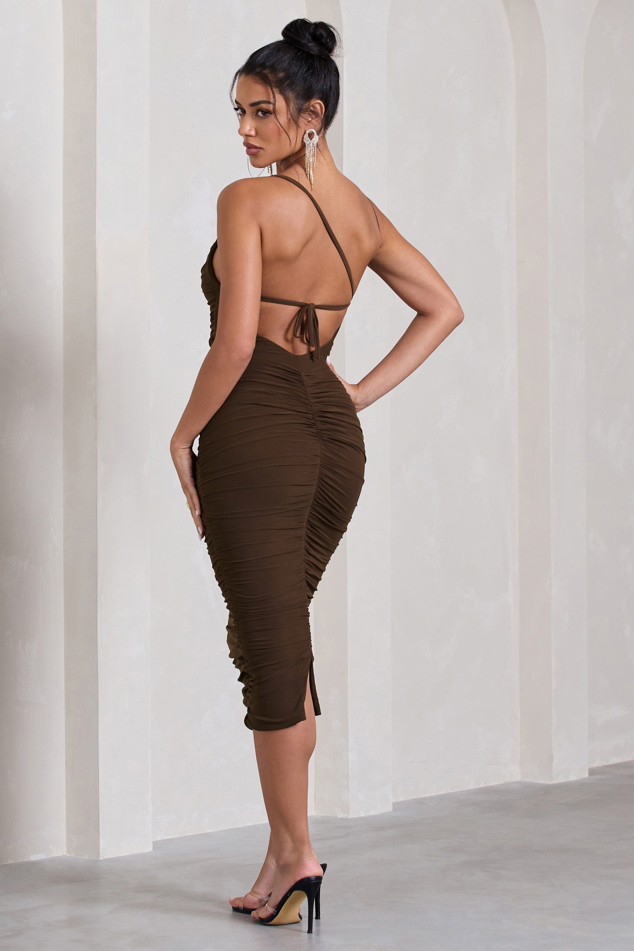 Bree Chocolate Ruched Mesh Strappy Bodycon Midi Dress