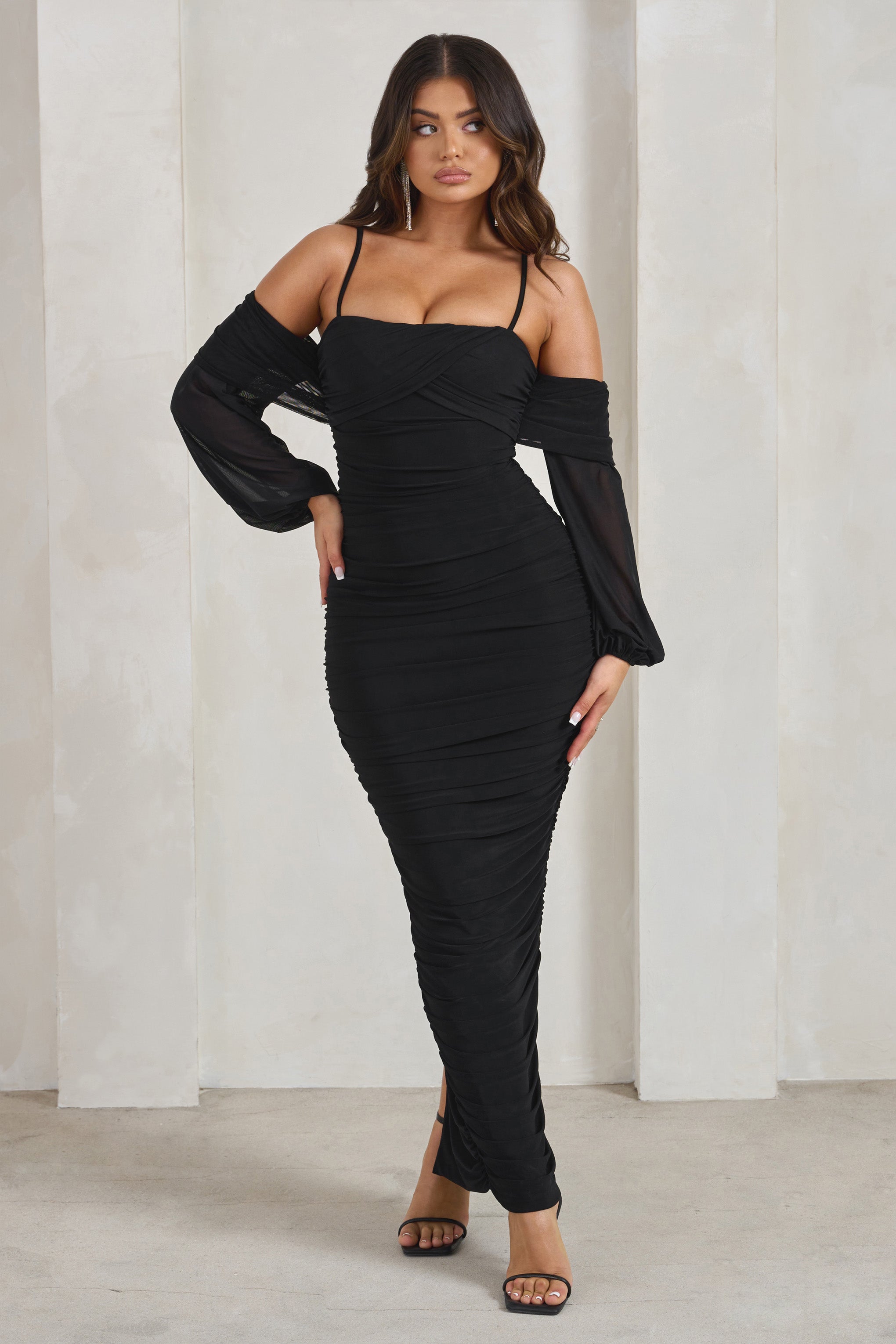 Announcement Black Bardot Mesh Ruched Maxi Dress