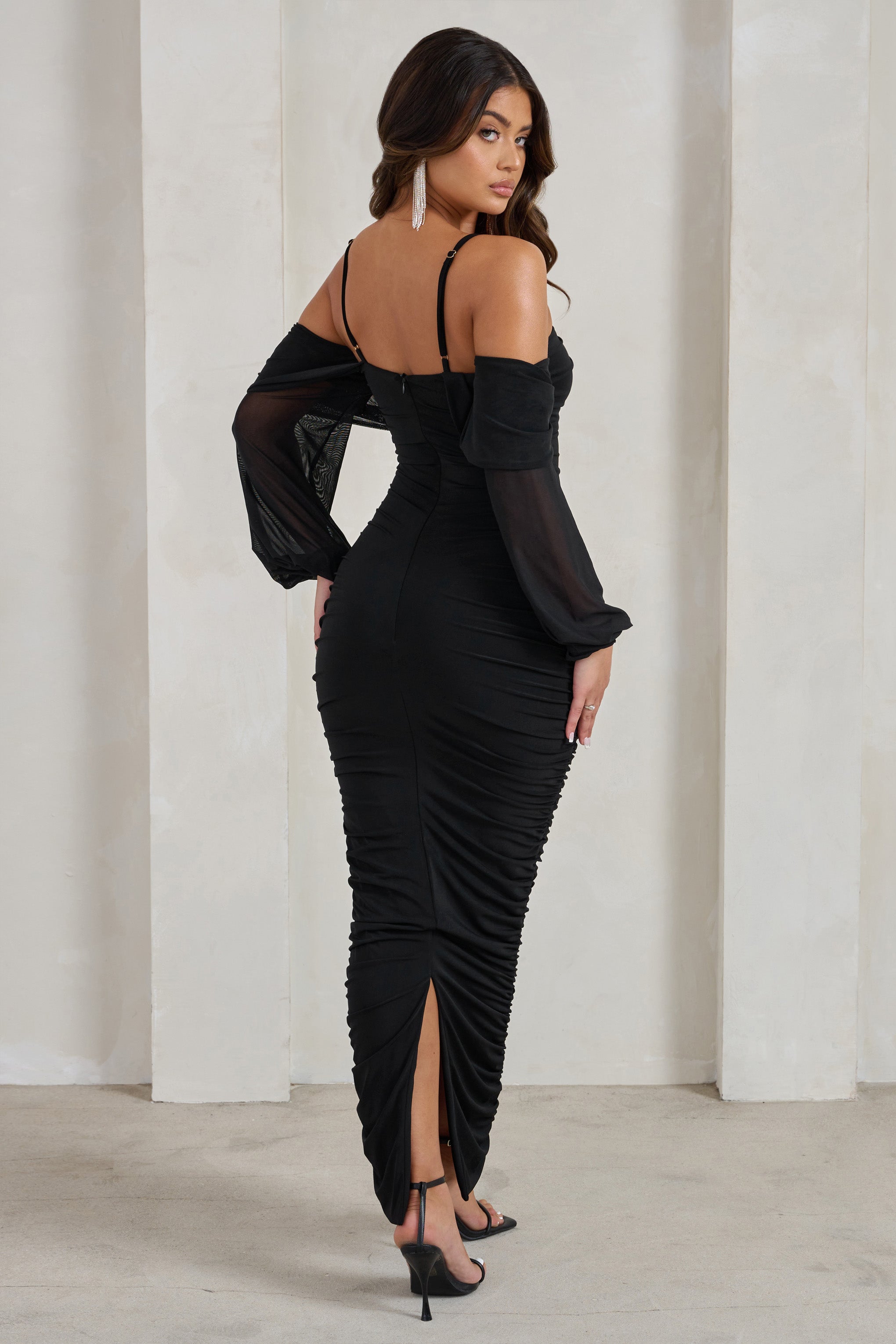Announcement Black Bardot Mesh Ruched Maxi Dress