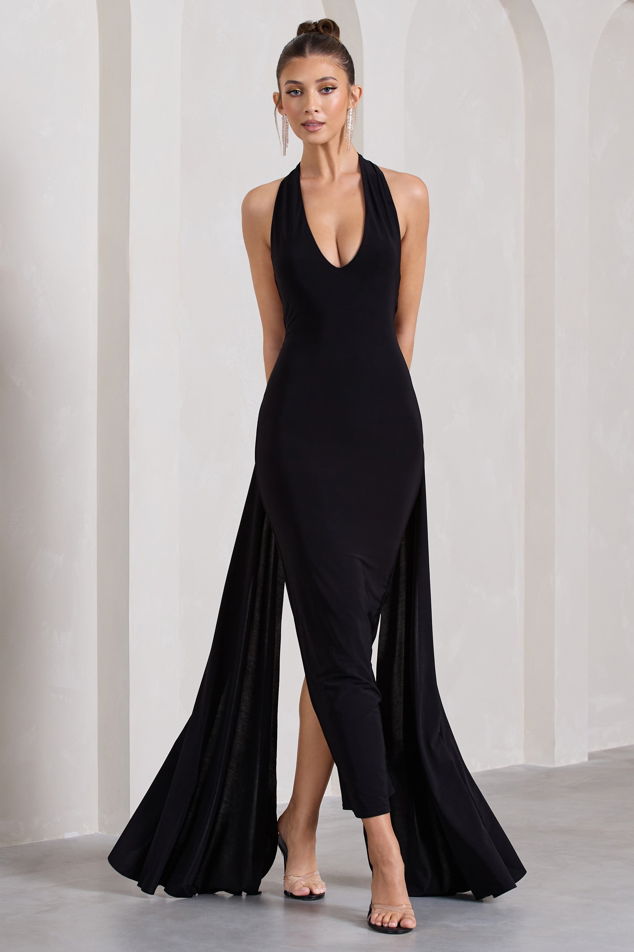 Veronica Black Plunge Sleeveless Open-Back Maxi Dress With Drape Detail