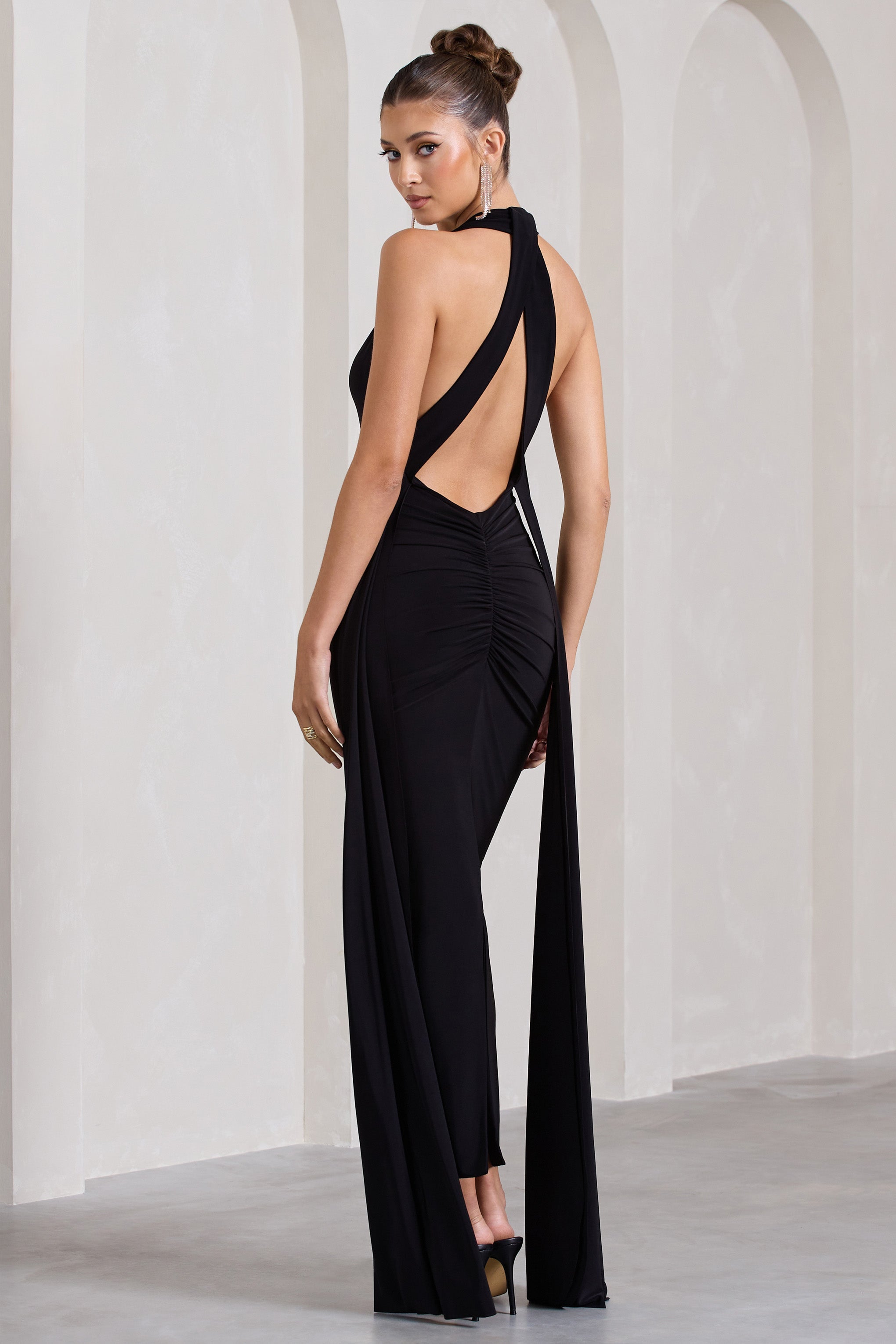 Veronica Black Plunge Sleeveless Open-Back Maxi Dress With Drape Detail