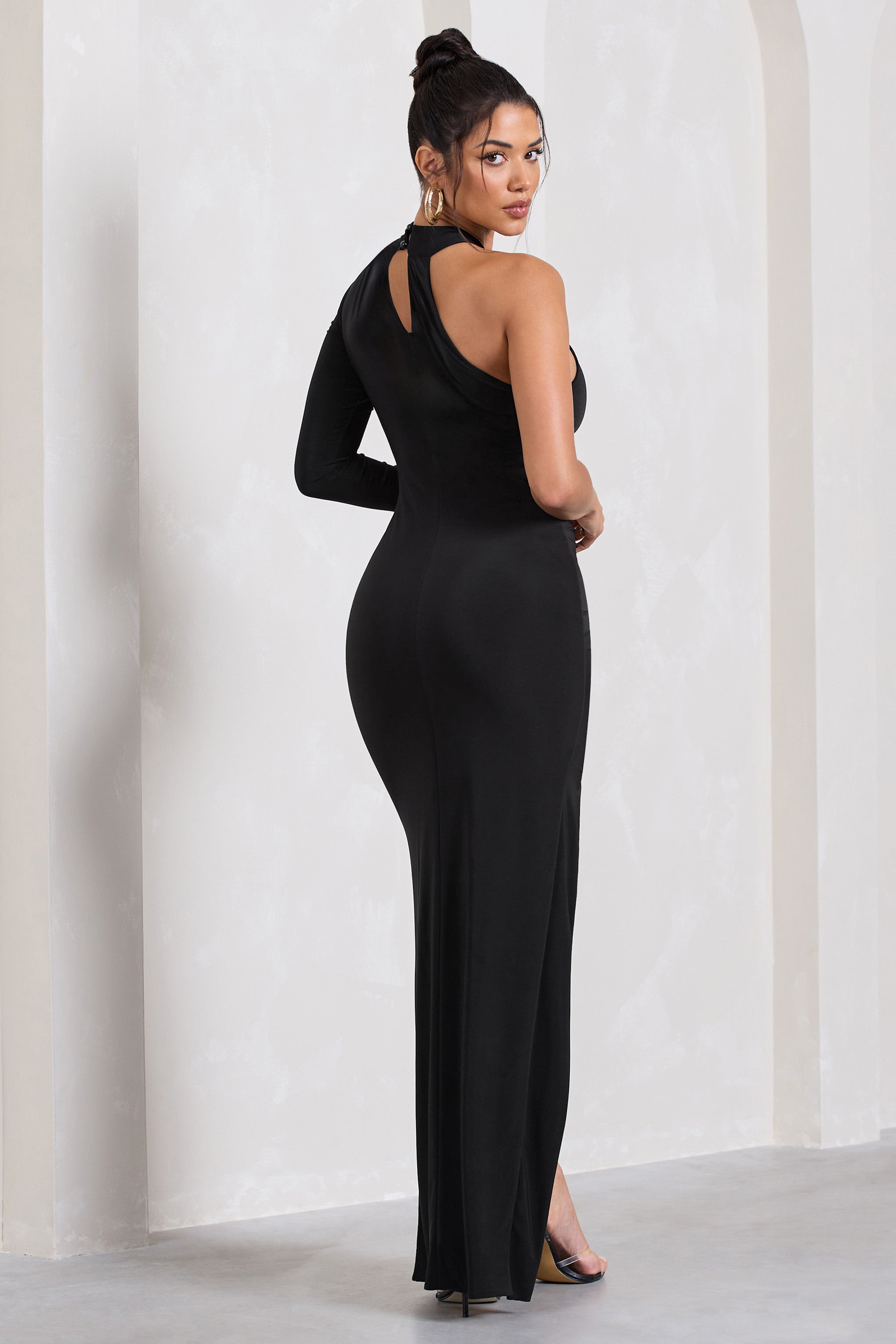 Alina Black Ruched High-Neck Asymmetric Split Maxi Dress