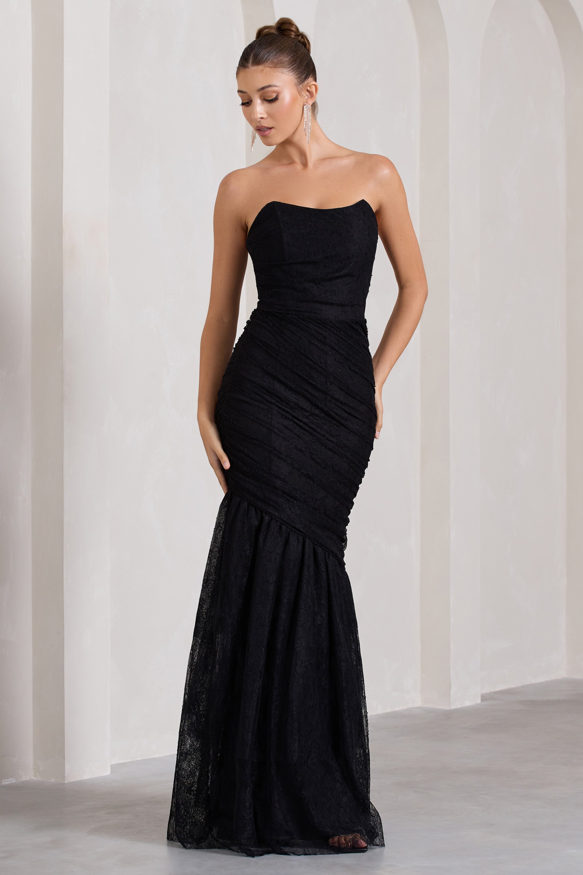 Encapsulate Black Lace Ruched Strapless Fishtail Maxi Dress