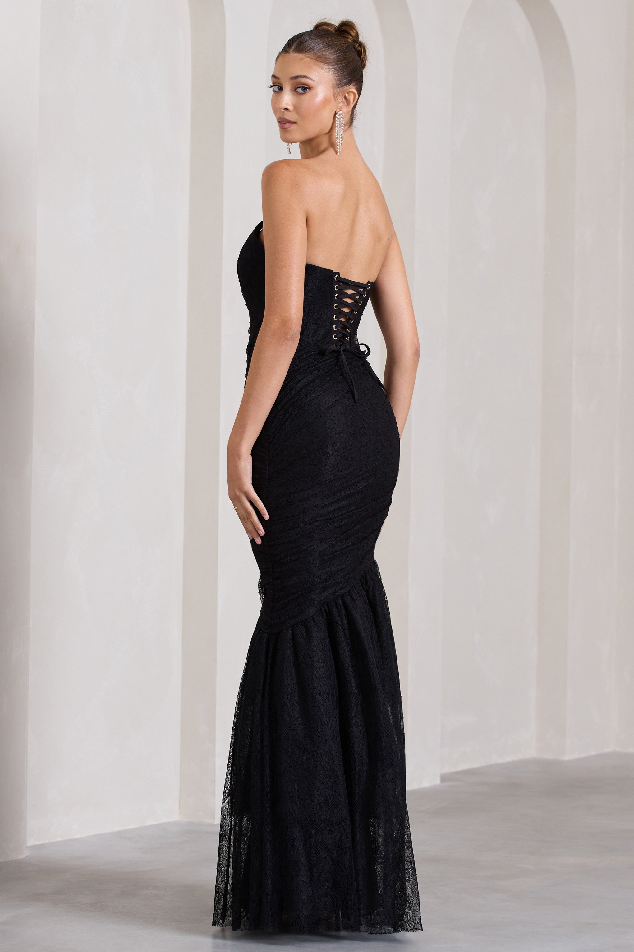 Encapsulate Black Lace Ruched Strapless Fishtail Maxi Dress