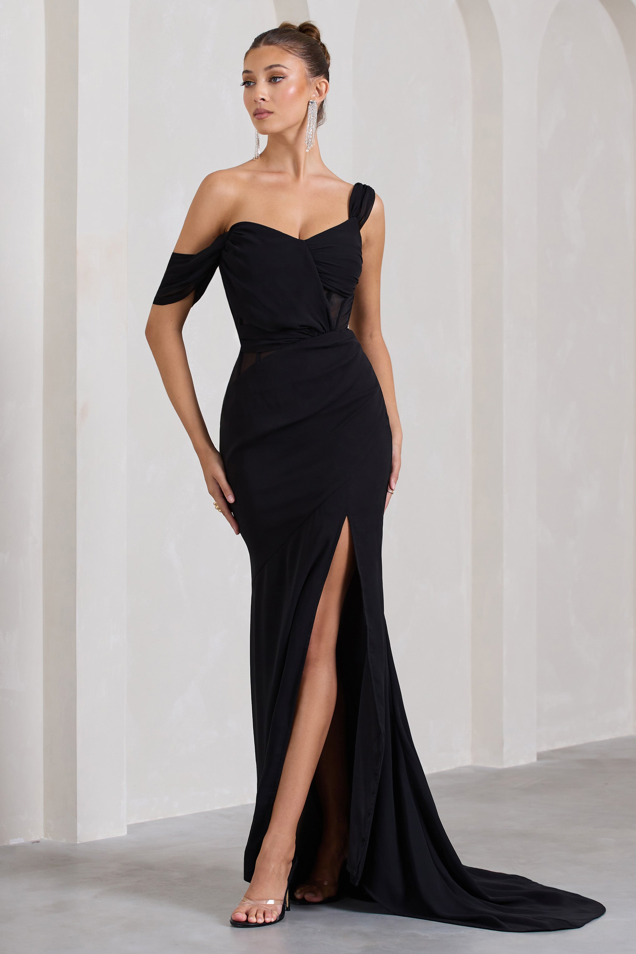 Fatal Attraction Black Chiffon Fishtail Maxi Dress With Draped Sleeves