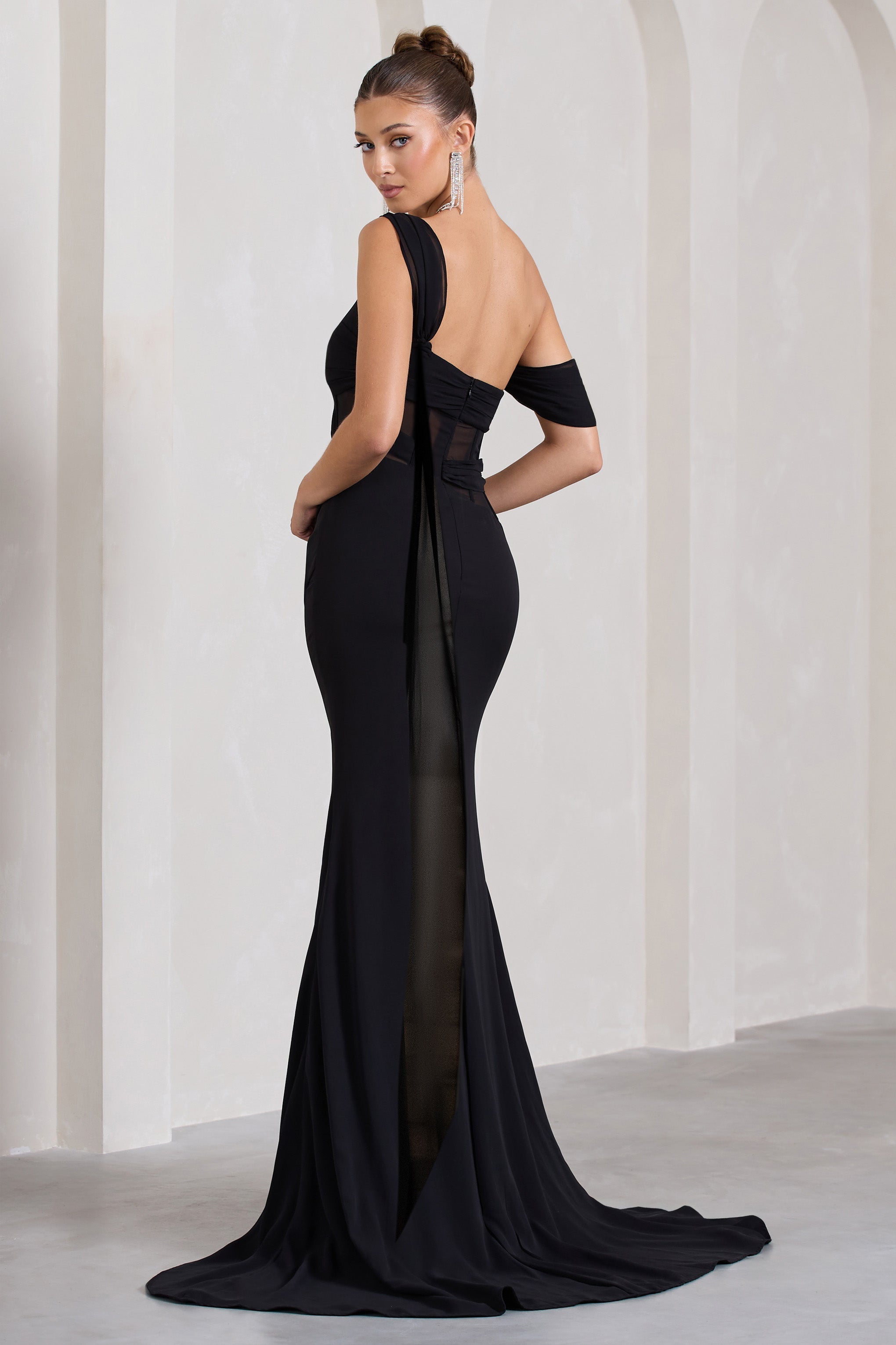 Fatal Attraction Black Chiffon Fishtail Maxi Dress With Draped Sleeves