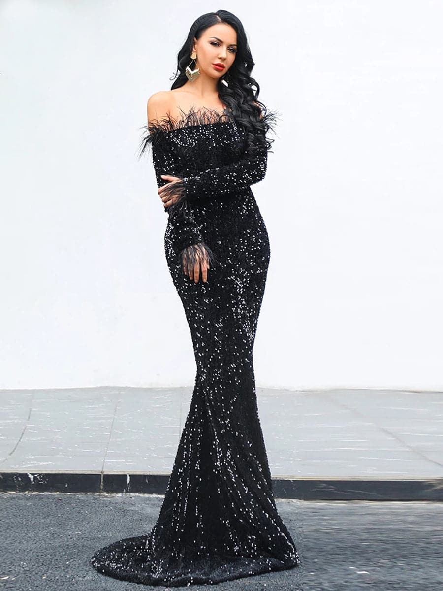 Off The Shoulder Feather Sequin Evening Dress