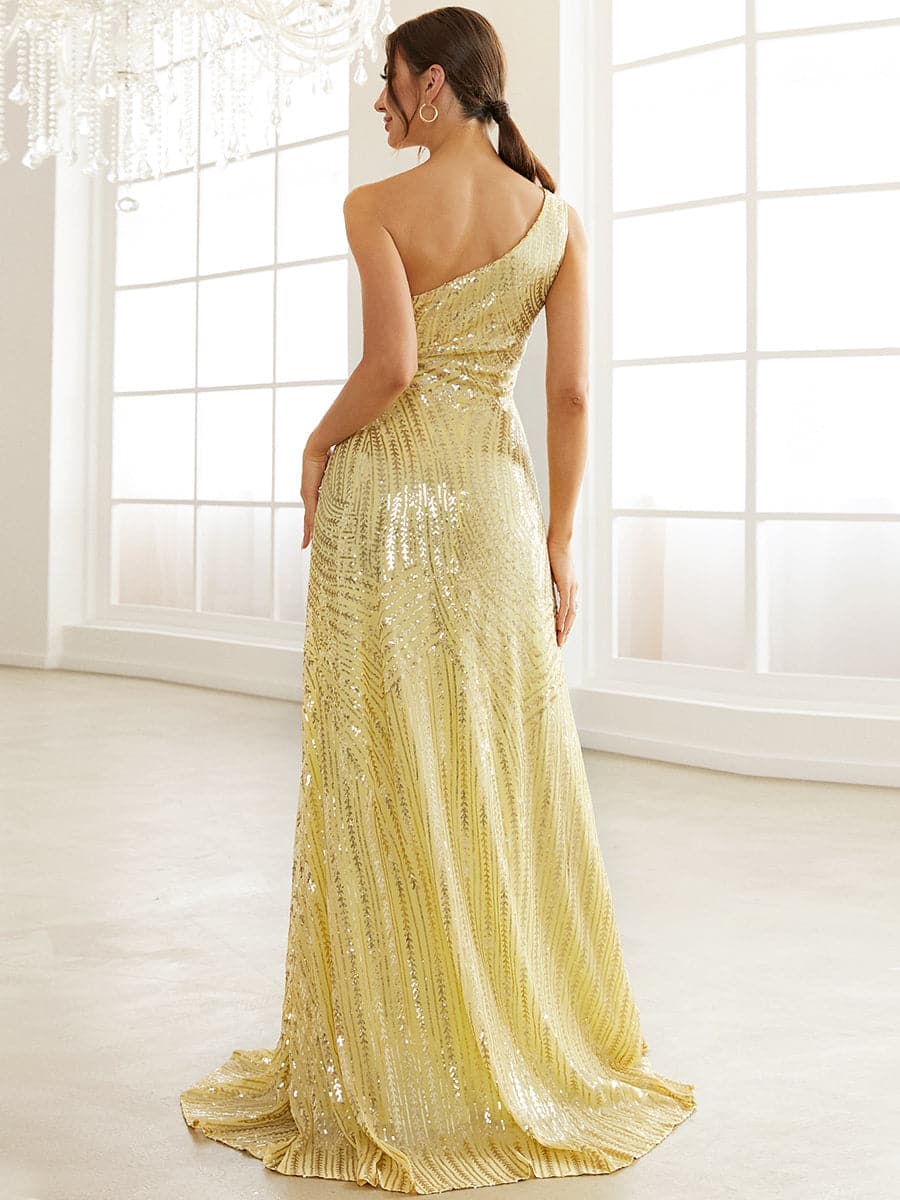 A Line Yellow Sequin One Shoulder Off Prom Dress XJ1534