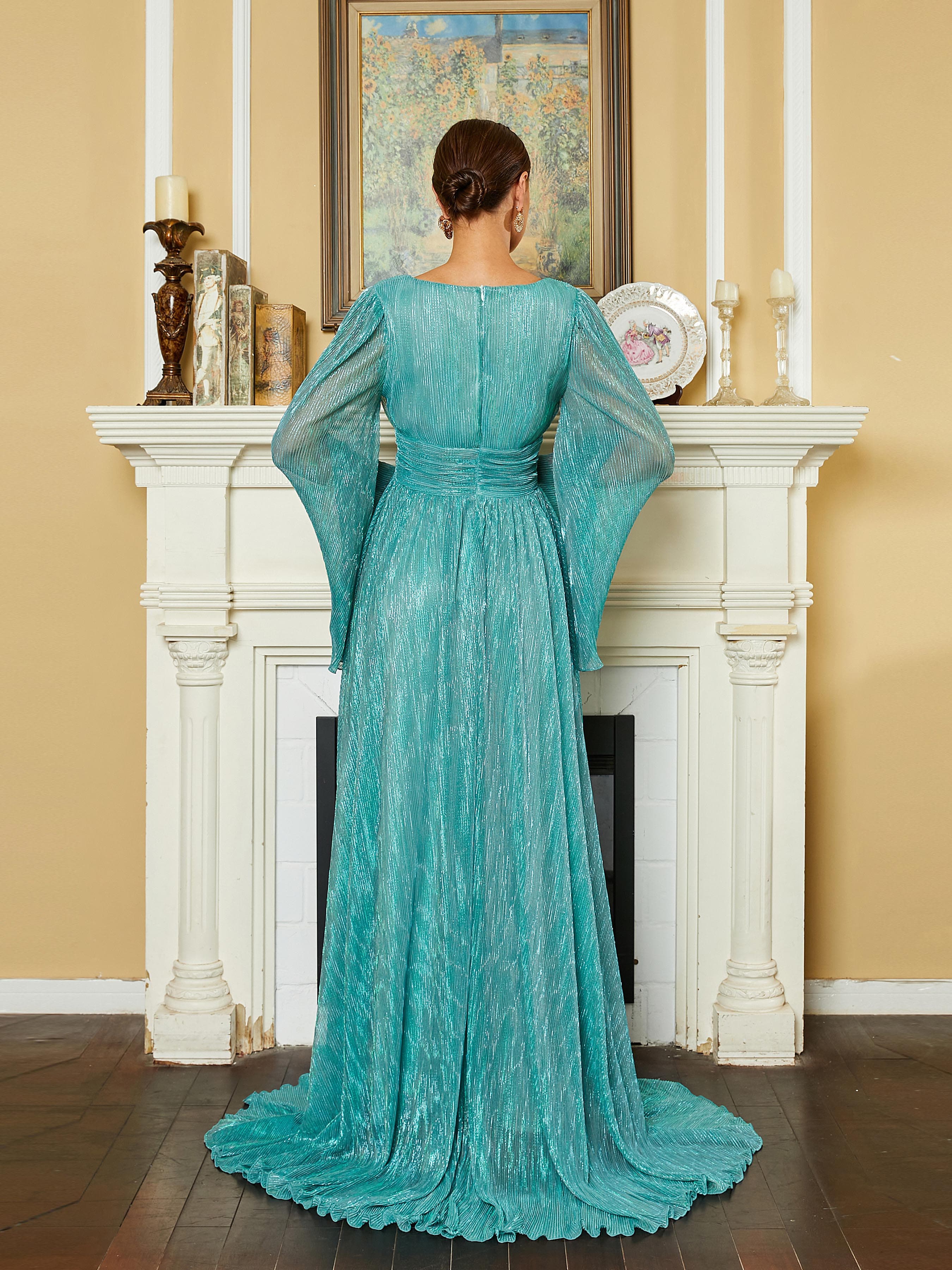 Bell Sleeve A-Line Mesh Green Ball Gown RM20578