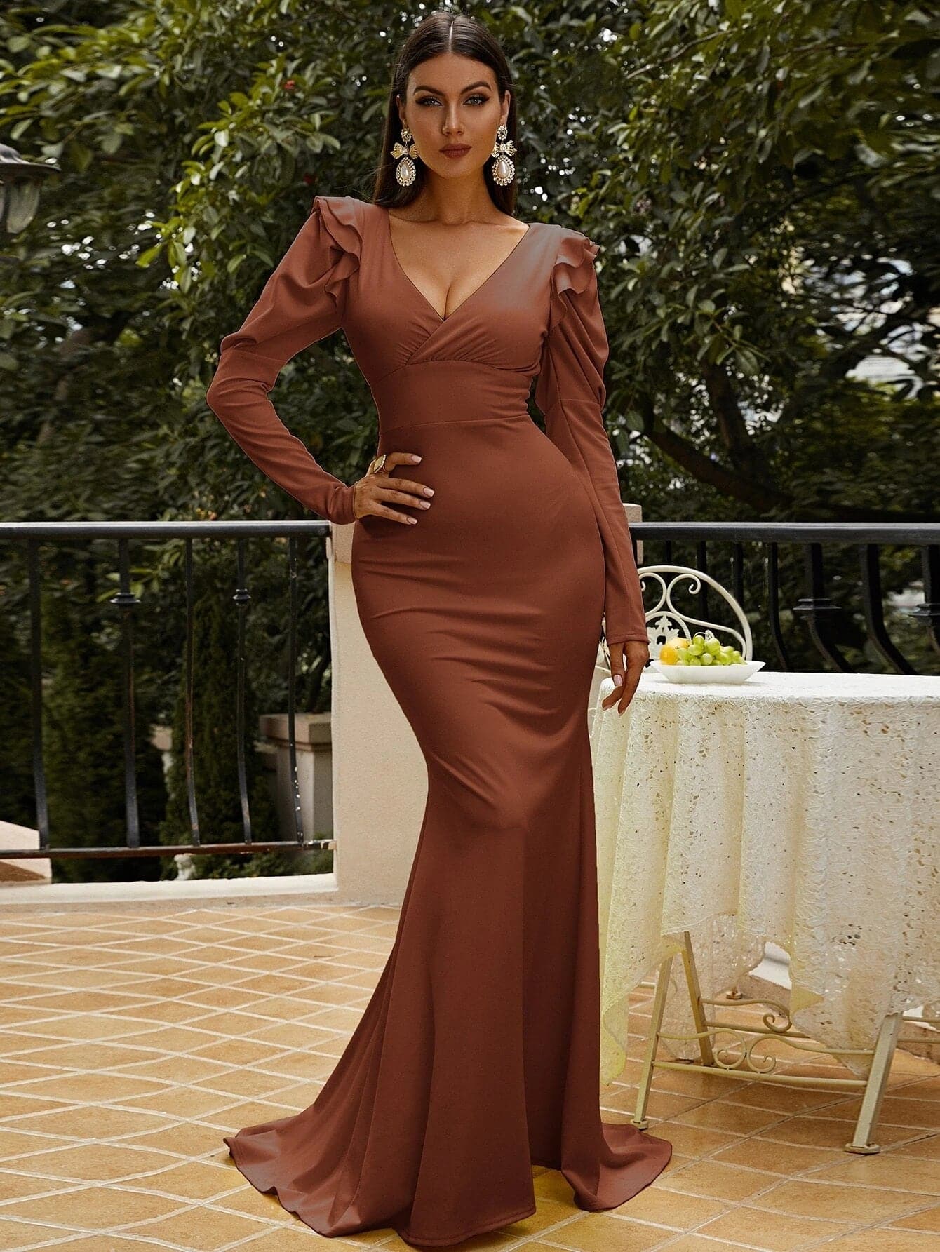 Long Puff Sleeve Brown Mermaid Prom Dress M02080