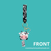 Cute black and white cow keychain with matching milk carton pendant and wristlet that says cute cow