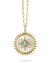 18K YELLOW GOLD DIAMOND MEDALLION WITH WHITE MOTHER OF PEARL AND BLUE TOPAZ CENTER