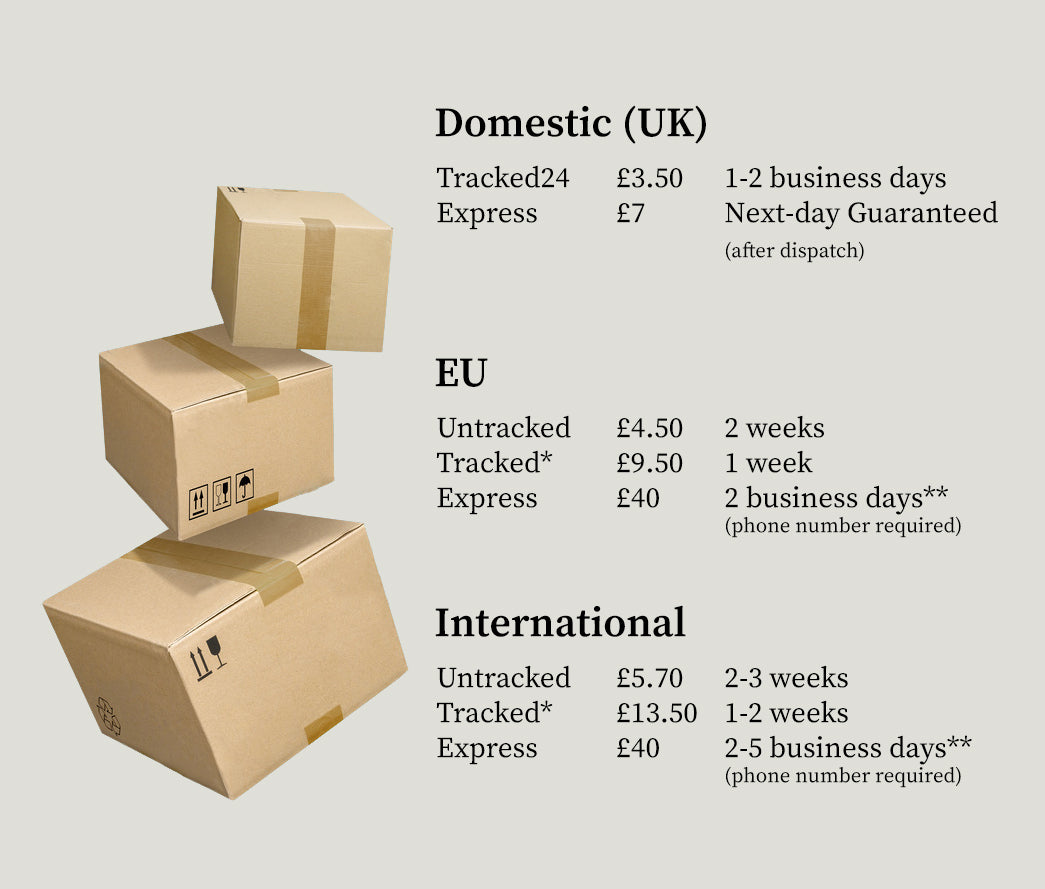 Domestic delivery: 1-3 business days, EU delivery: 2 business days to 2 weeks, International: 3 business days to 3 weeks.