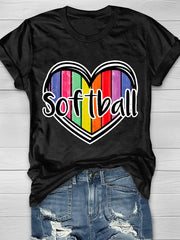 Rainbow Heart Softball Print Short Sleeve T-Shirt