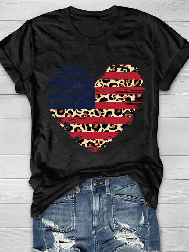 Leopard Flag Heart Print Short Sleeve T-Shirt