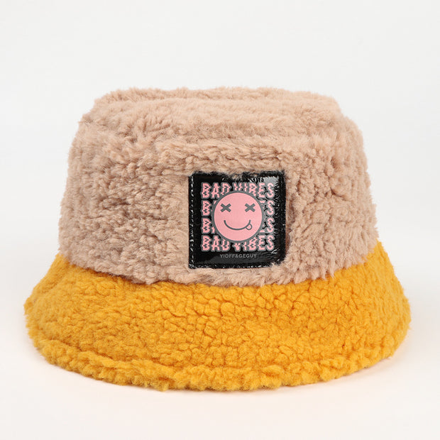 Smiley sticker color matching plus velvet thick warm plush basin hat