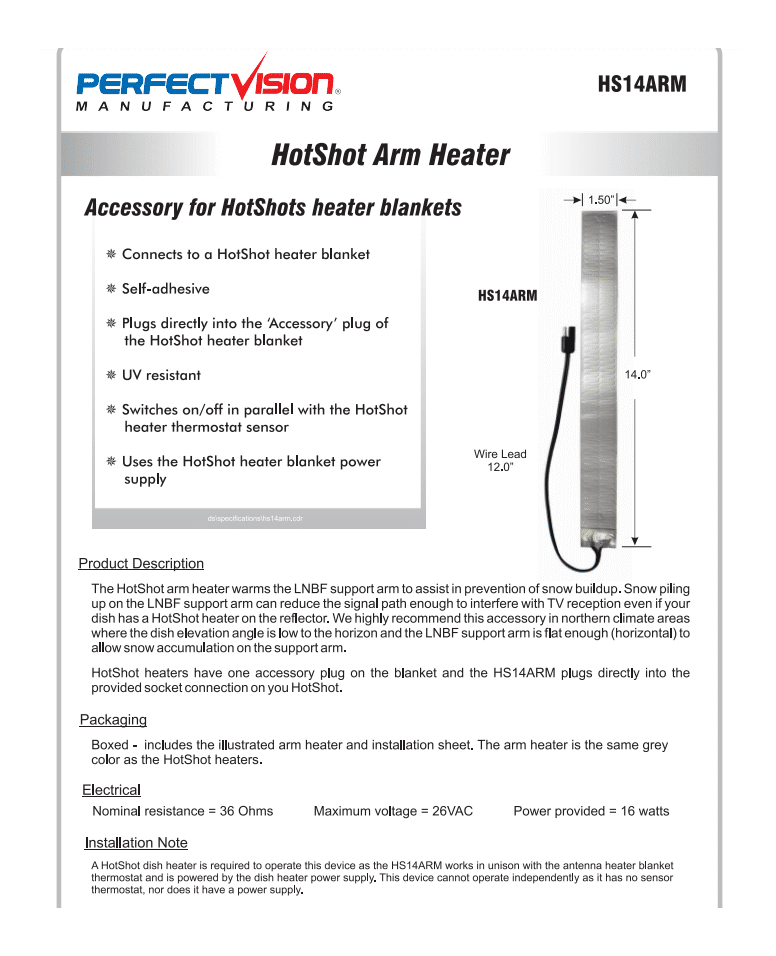 Hot Shot Satellite Dish Heater 1.5"x 14" Arm Heater Element Add-On (HS14ARM)