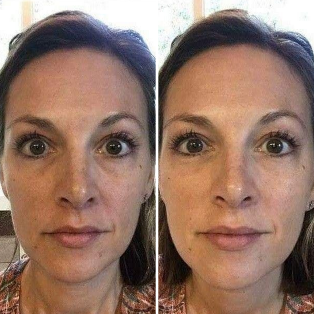 Side by side comparison shows a woman's face before and after using makeup.