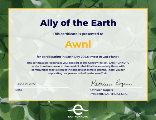 certificate of supporting the Invest in our planet