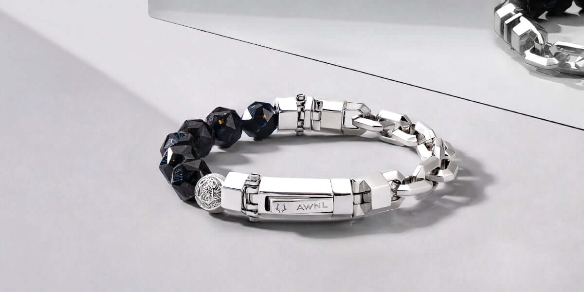 Men's Beaded Silver Chain Bracelet with Nuummite
