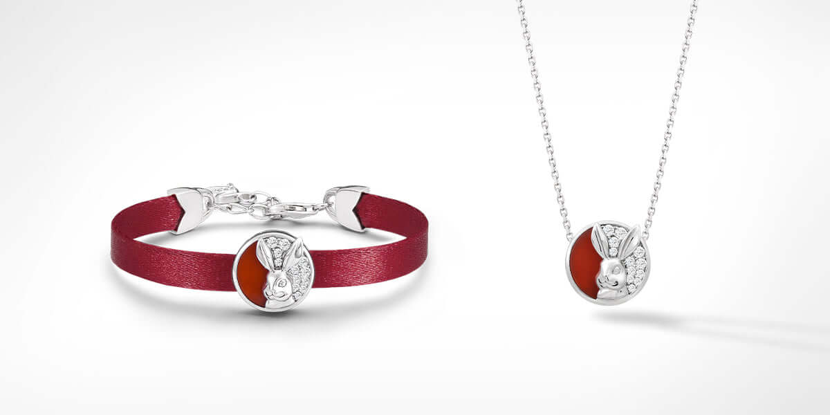 Women's Ribbon Rabbit Zodiac Charm Necklace/Bracelet with Red Agate