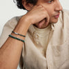 Man wearing a white shirt, resting chin on hand, showcasing a Bar Cord Bracelet on his wrist.