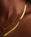 Close-up of a woman's neck wearing the Baguette Gemstone Station Necklace, showcasing its elegant design and sparkling gemstones as a standout fashion accessory.
