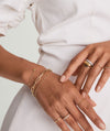 Close-up of a woman's hand wearing the Pavé Diamond Thin Dôme Ring, showcasing its intricate design and sparkling diamonds set in 14k solid gold.