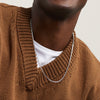 Person wearing a brown sweater and a white shirt with a Square Box Chain Necklace visible around their neck.