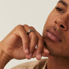 Man's hand wearing a Slim Rectangular Signet Ring, close-up of finger and ring detailing.