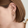 Close-up of a woman's ear wearing a Single Bold Huggie Hoop, handcrafted in recycled 14k solid gold, showcasing the hoop's sleek, bold design.