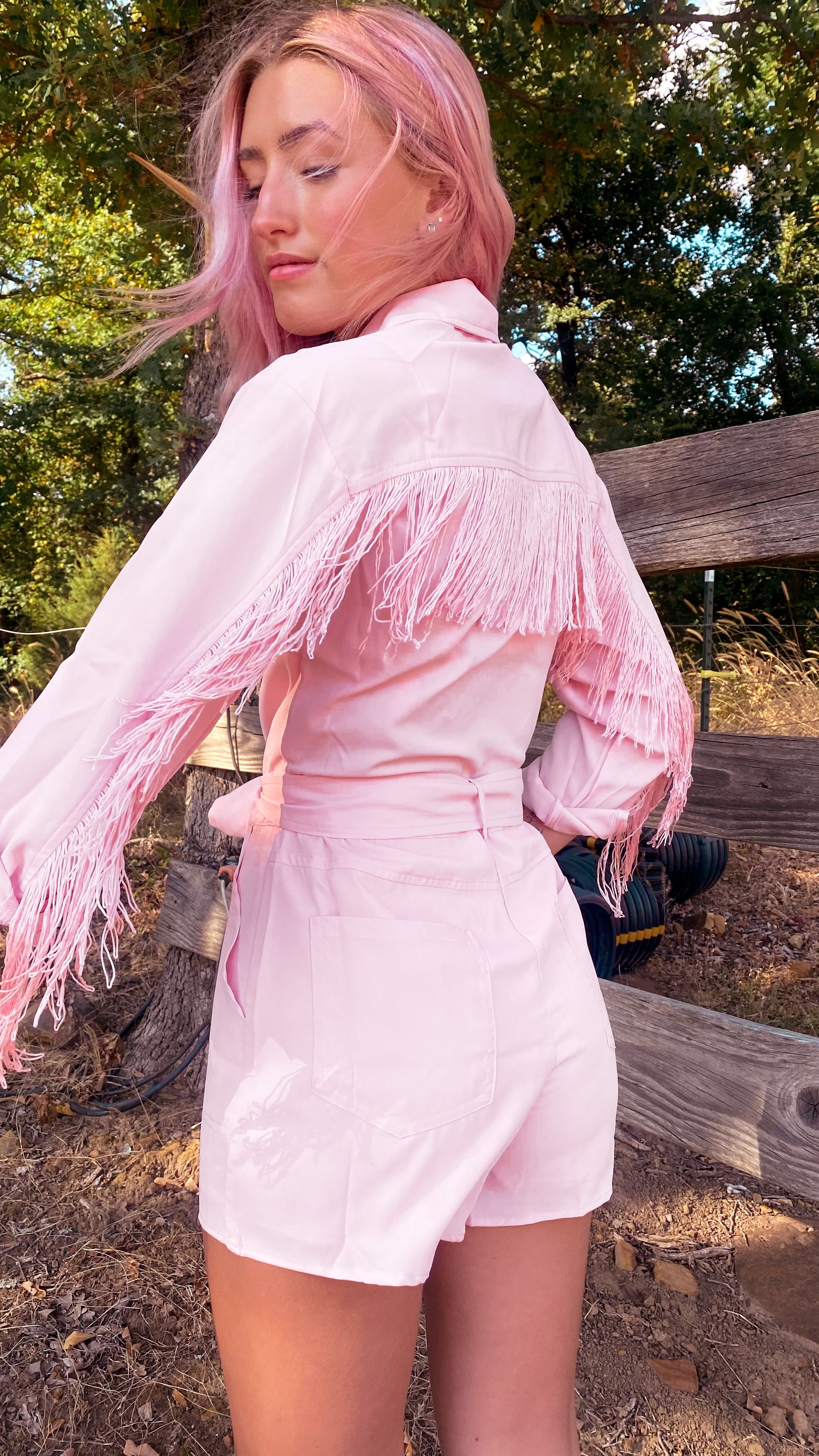 pink fringe romper