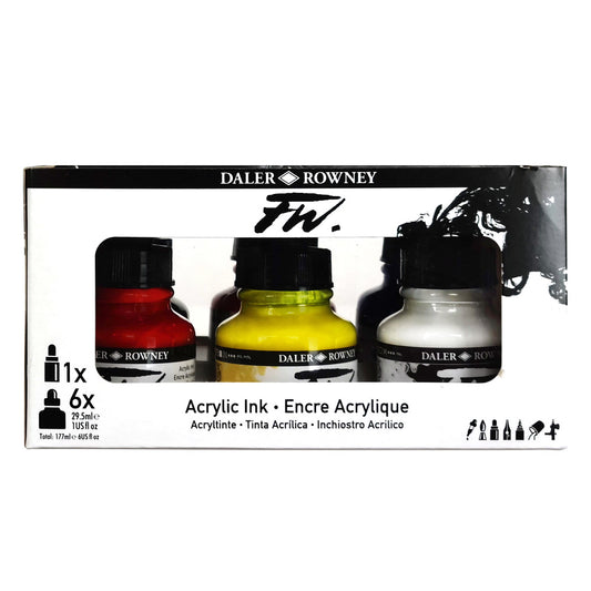 Daler Rowney Artists FW Acrylic Ink Neon Colour Set 6 x 29.5ml with Marker