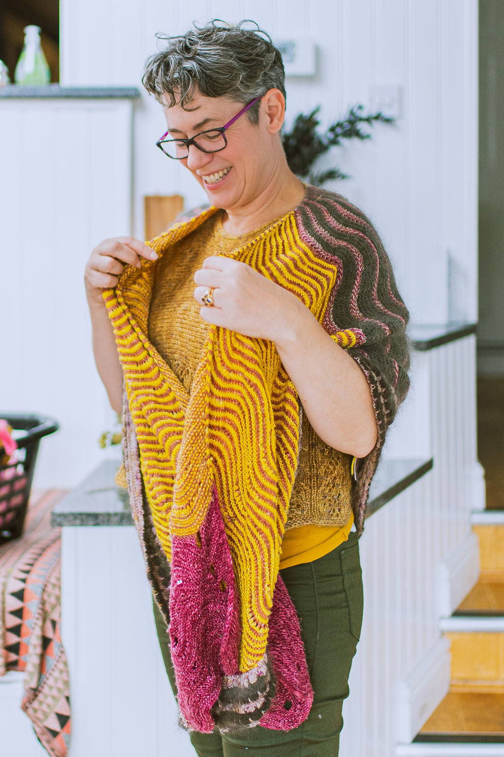 Rachael wearing a texture time shawl