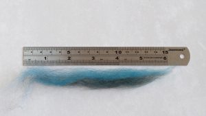 A metal ruler with a staple of Shetland wool. 