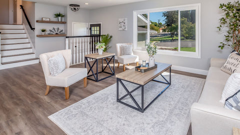 Laminate flooring in a muted neutral living room