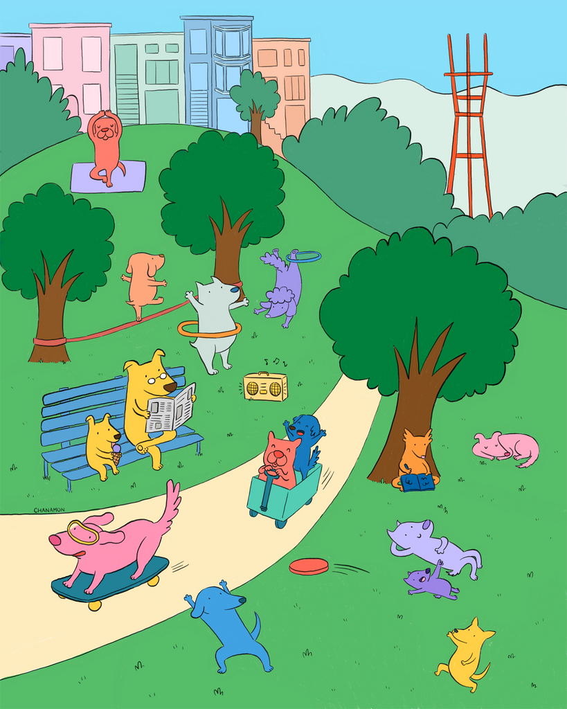 Final dog park illustration featuring bright happy colors