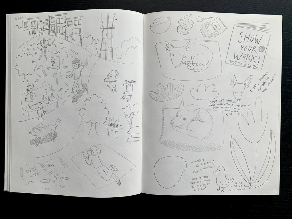 Photograph of a sketchbook spread layout including early sketches of people at Dolores Park