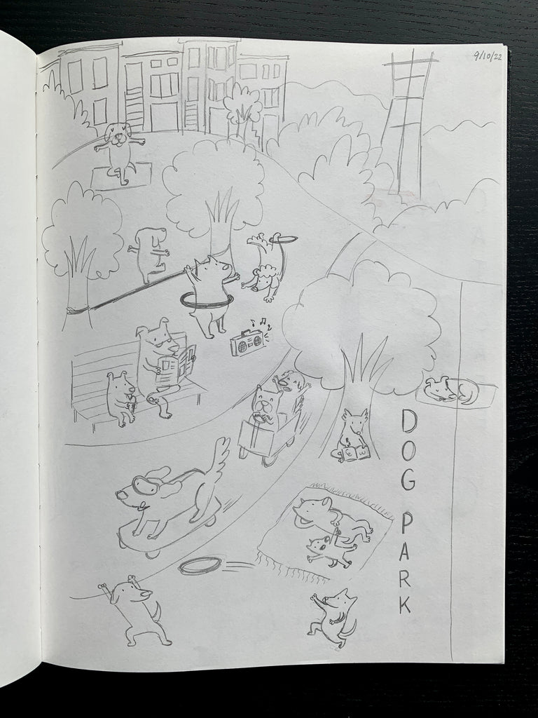 Photo of a single portrait sketchbook page of dogs having fun at a park.