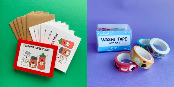 Photos of a holiday card set of 6 featuring the phrase "Seasons Greetings" and an illustration of bottles of seasoning singing. Photo of washi tape set of 4 colorful washi tapes.